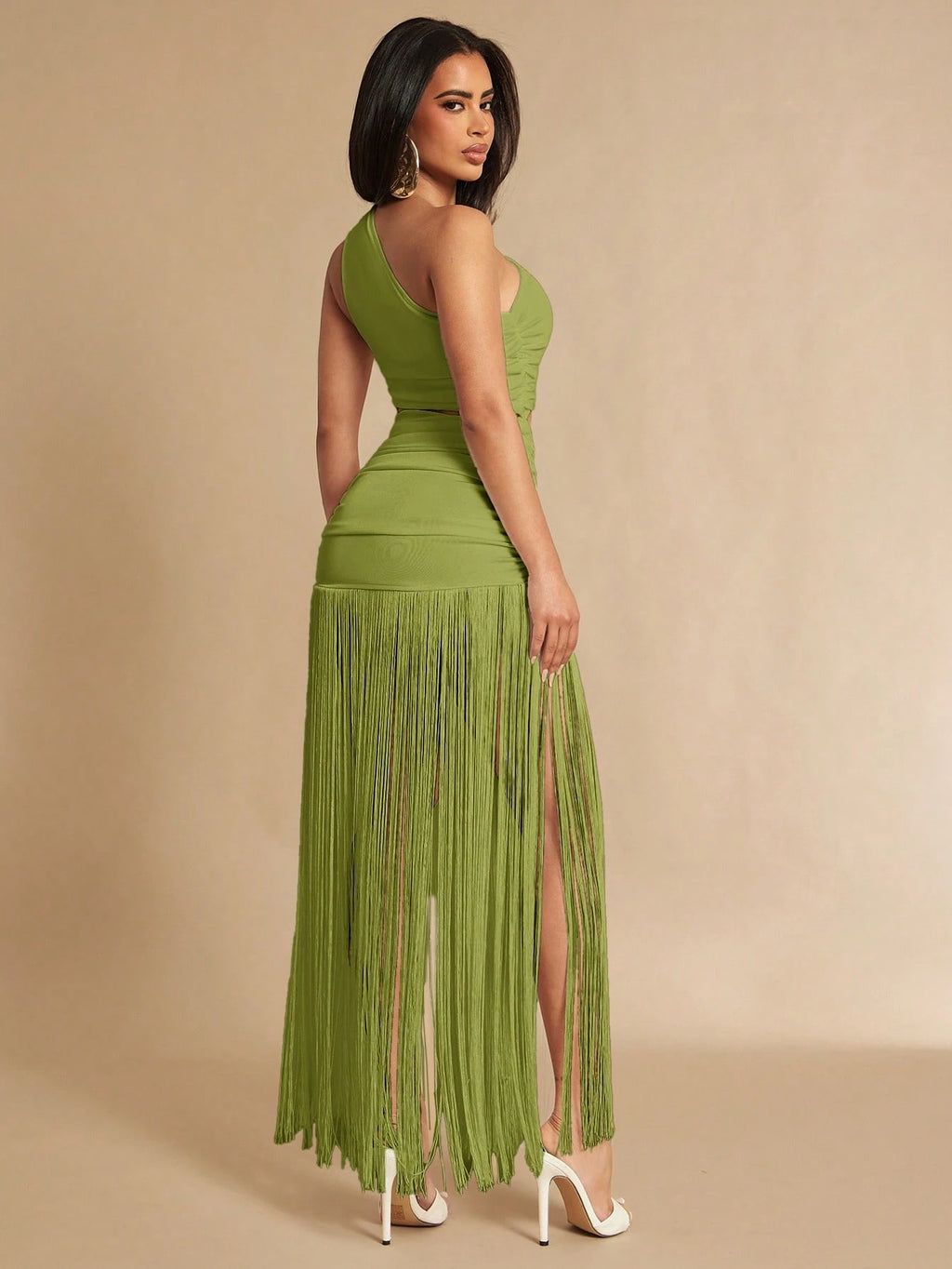 Silquee Women's Sleeveless One Shoulder Fringed Dress, Suitable For
