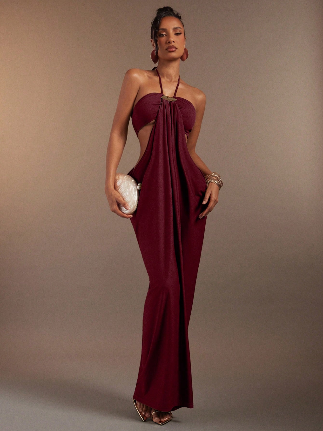 Hauture Olive Green Bandeau Cut Out Side Draped Gathered Side Halter