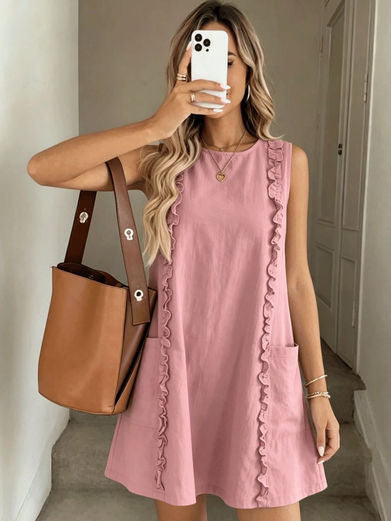 2026 Women's Casual Sleeveless Ruffle Mini Dress, Round Neck Loose