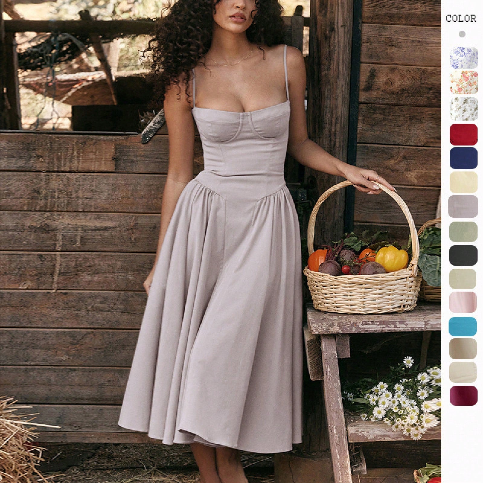 Women's Beige Corset Midi Dress, Spaghetti Strap Sweetheart Neck