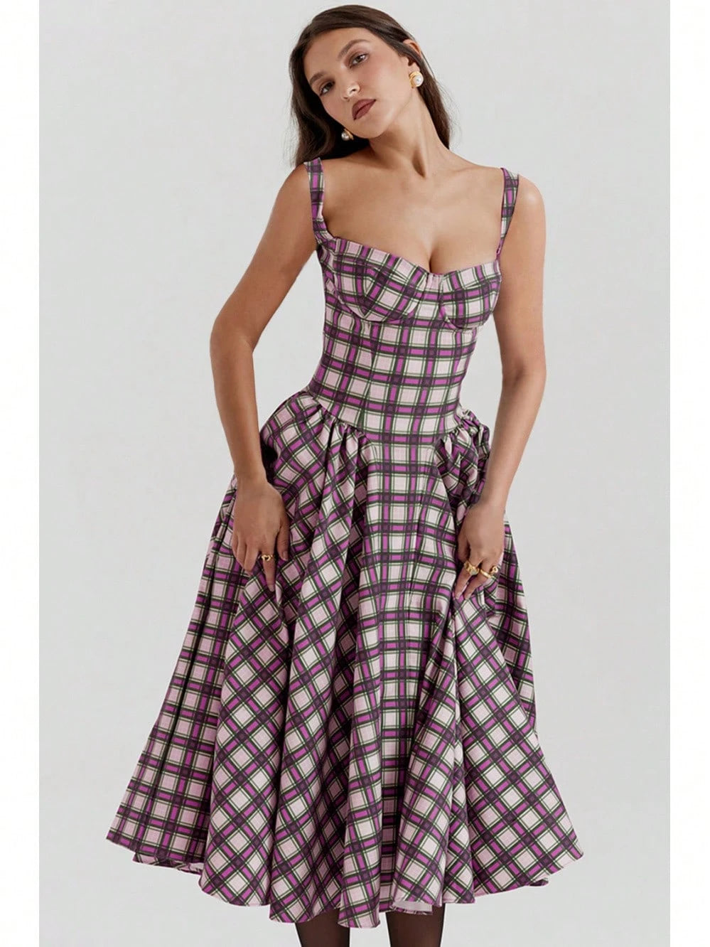 Women's Beige Corset Midi Dress, Spaghetti Strap Sweetheart Neck