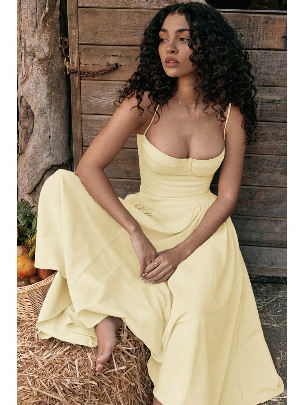 Women's Beige Corset Midi Dress, Spaghetti Strap Sweetheart Neck