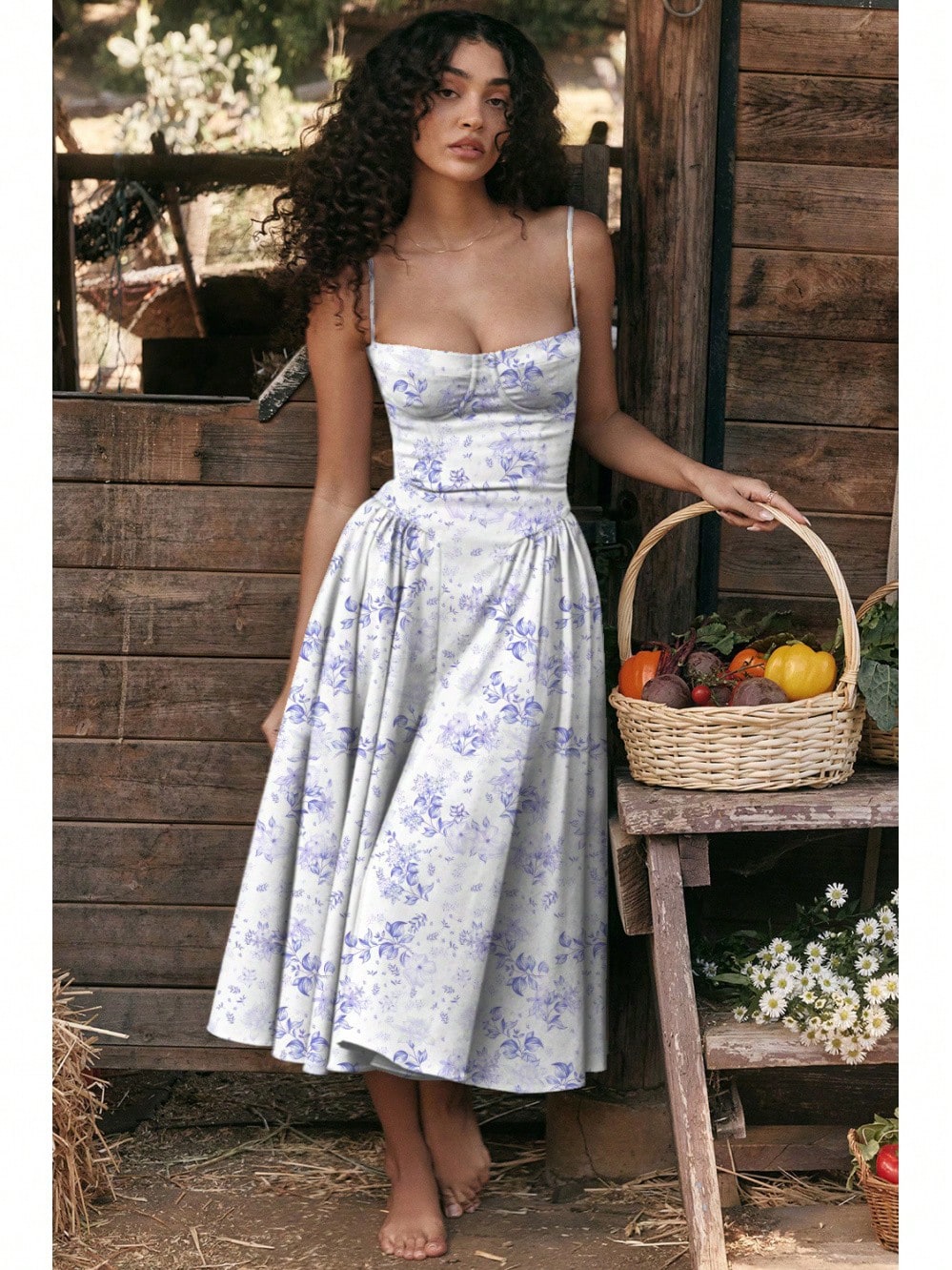Women's Beige Corset Midi Dress, Spaghetti Strap Sweetheart Neck