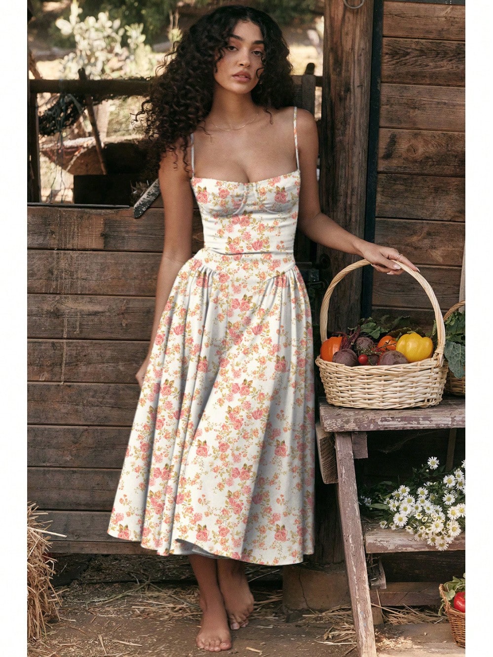 Women's Beige Corset Midi Dress, Spaghetti Strap Sweetheart Neck