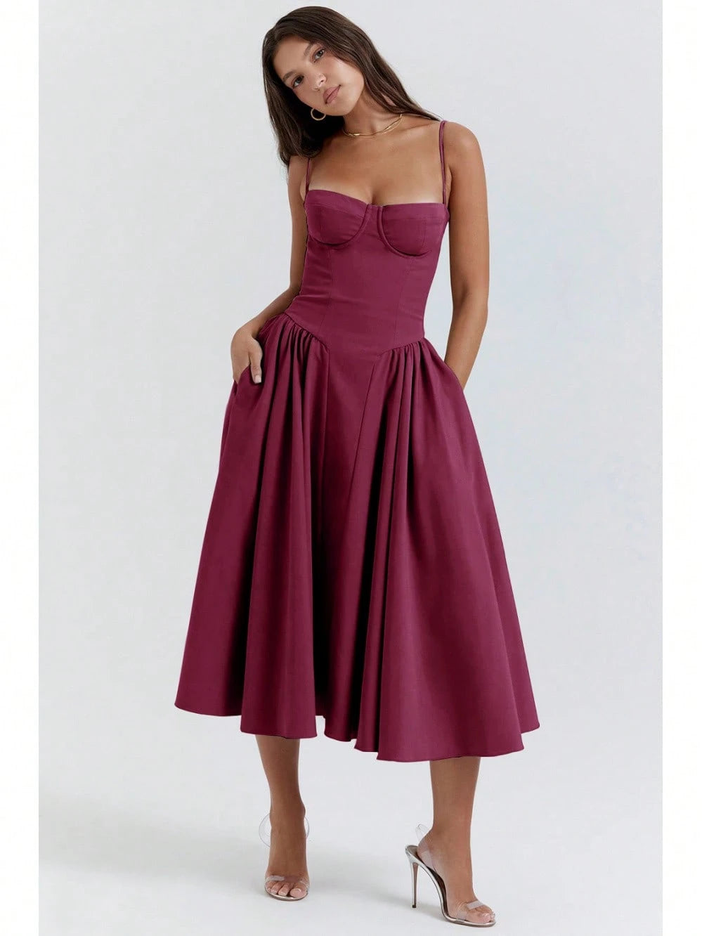 Women's Beige Corset Midi Dress, Spaghetti Strap Sweetheart Neck