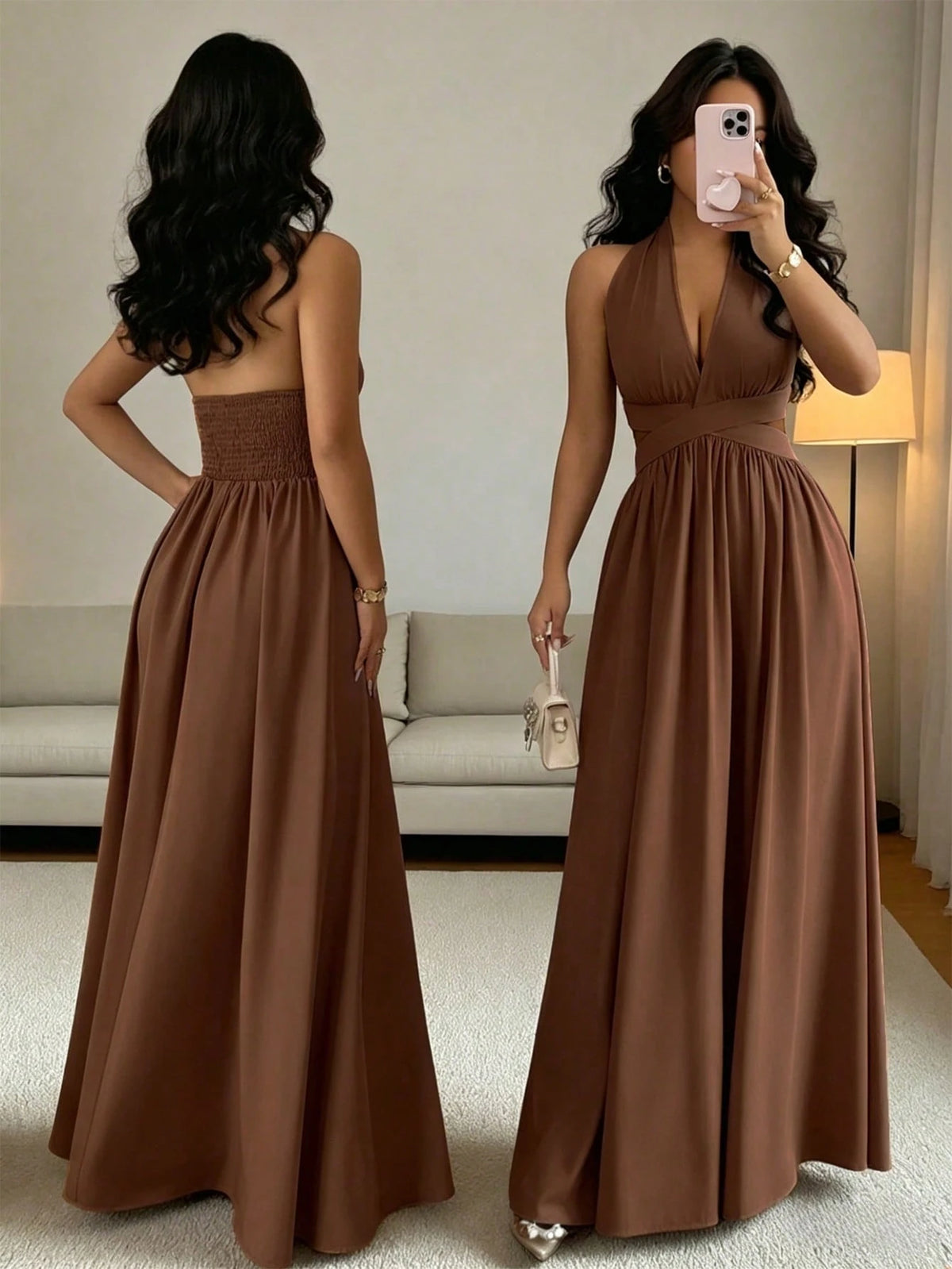 Rafferiza Women's Lilac Purple Elegant Party Dress,Summer V-Neck Halter Waist Hollow Design Pleated Maxi - image 11