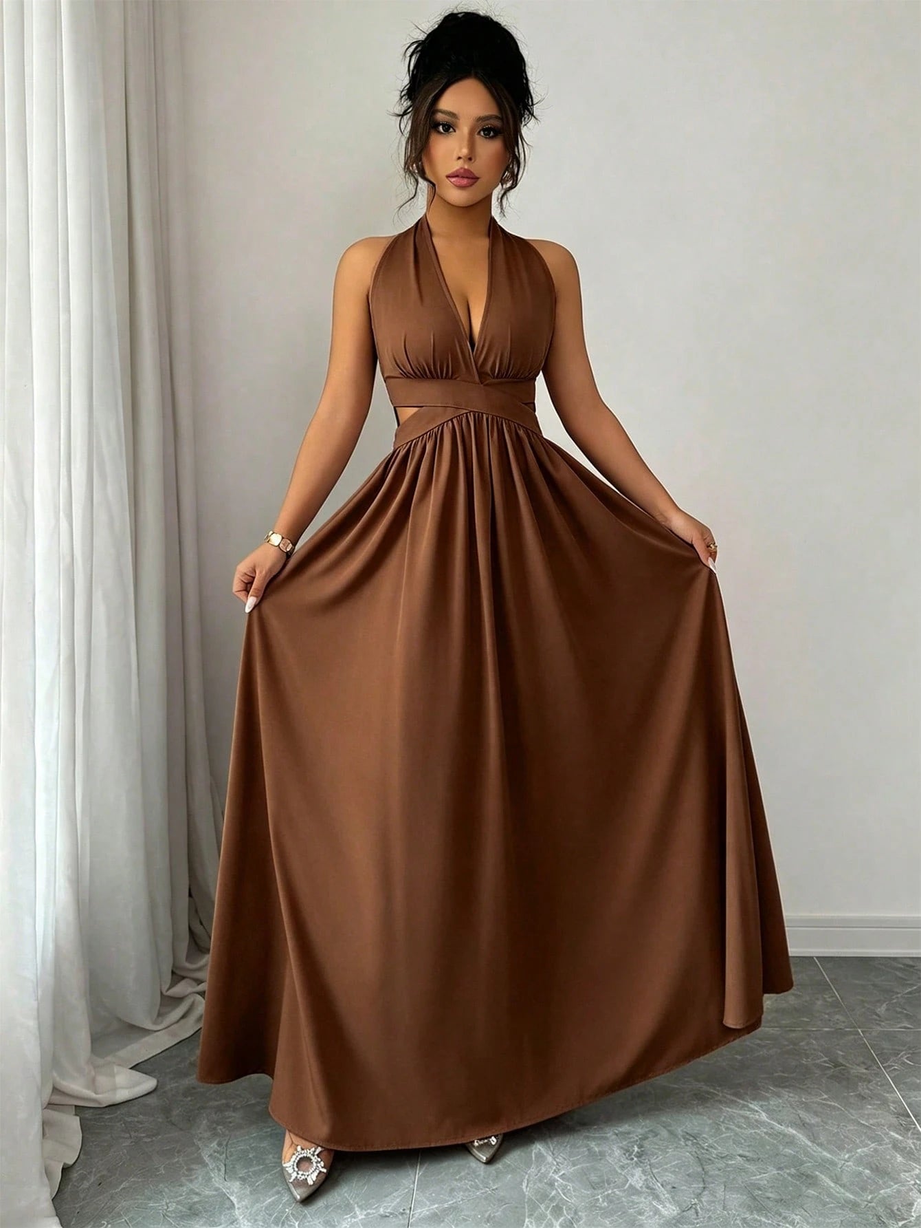 Rafferiza Women's Lilac Purple Elegant Party Dress,Summer V-Neck Halter Waist Hollow Design Pleated Maxi - image 15
