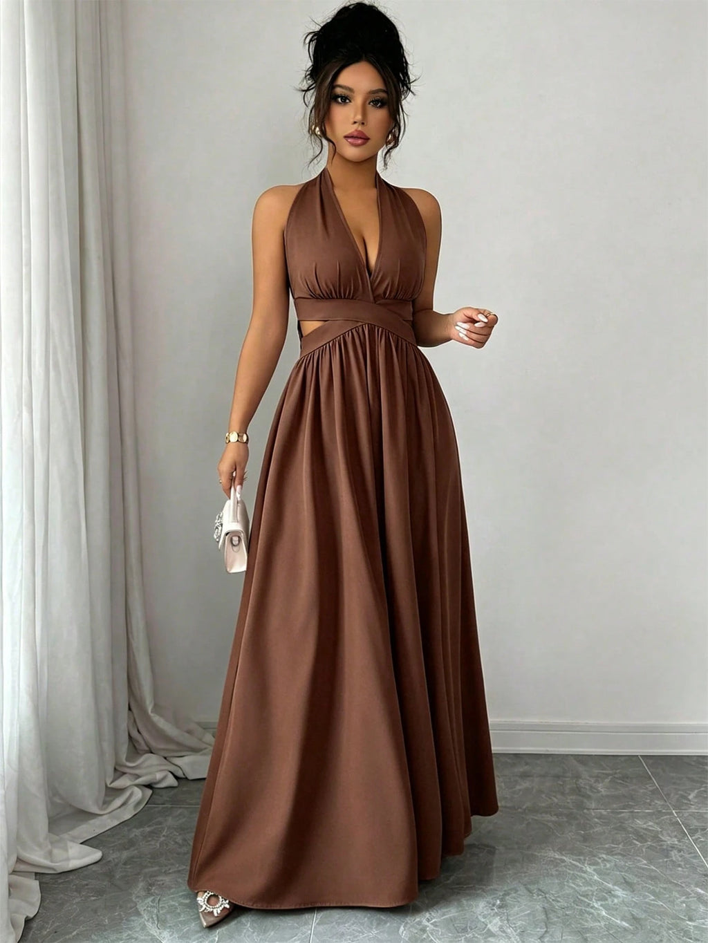 Rafferiza Women's Lilac Purple Elegant Party Dress,Summer V-Neck Halter Waist Hollow Design Pleated Maxi - image 16