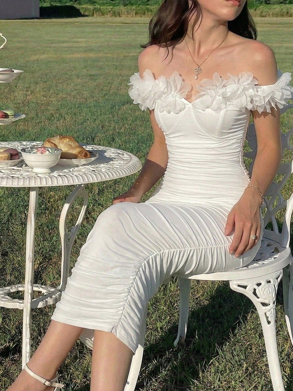 MOD Women's Elegant White Summer Bridal Wedding Guest Dress,3D Floral