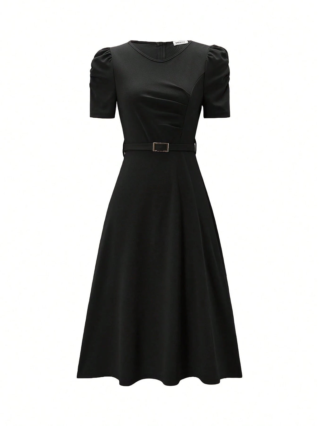 French Style Puff Sleeve Belted Midi Dress For Women - Elegant Crew