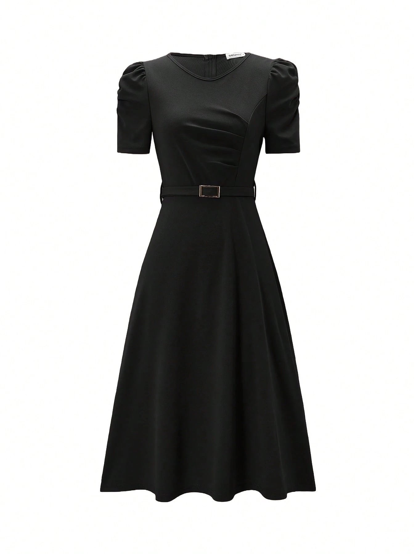 French Style Puff Sleeve Belted Midi Dress For Women - Elegant Crew