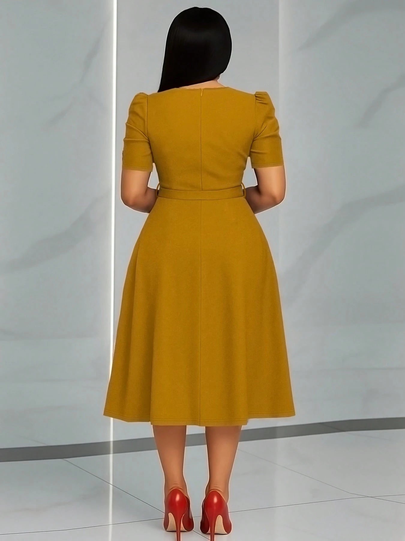 French Style Puff Sleeve Belted Midi Dress For Women - Elegant Crew