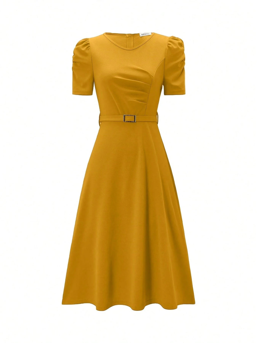French Style Puff Sleeve Belted Midi Dress For Women - Elegant Crew