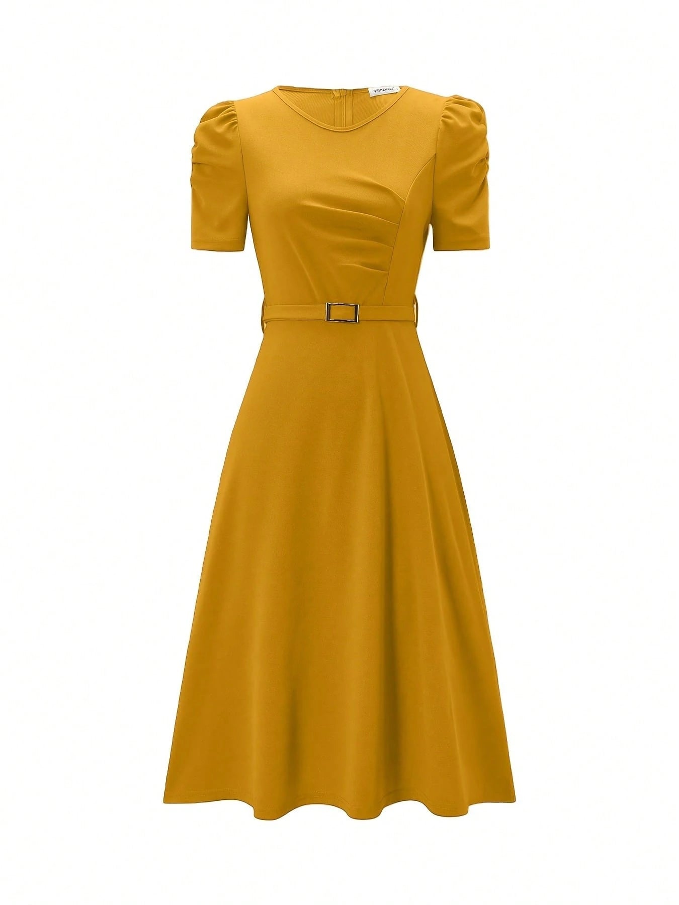 French Style Puff Sleeve Belted Midi Dress For Women - Elegant Crew