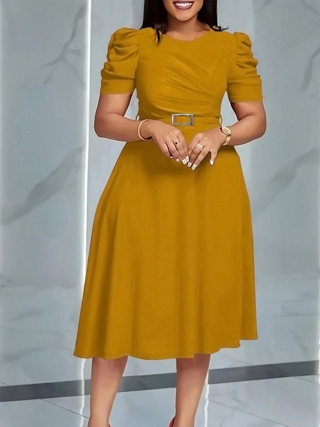 French Style Puff Sleeve Belted Midi Dress For Women - Elegant Crew