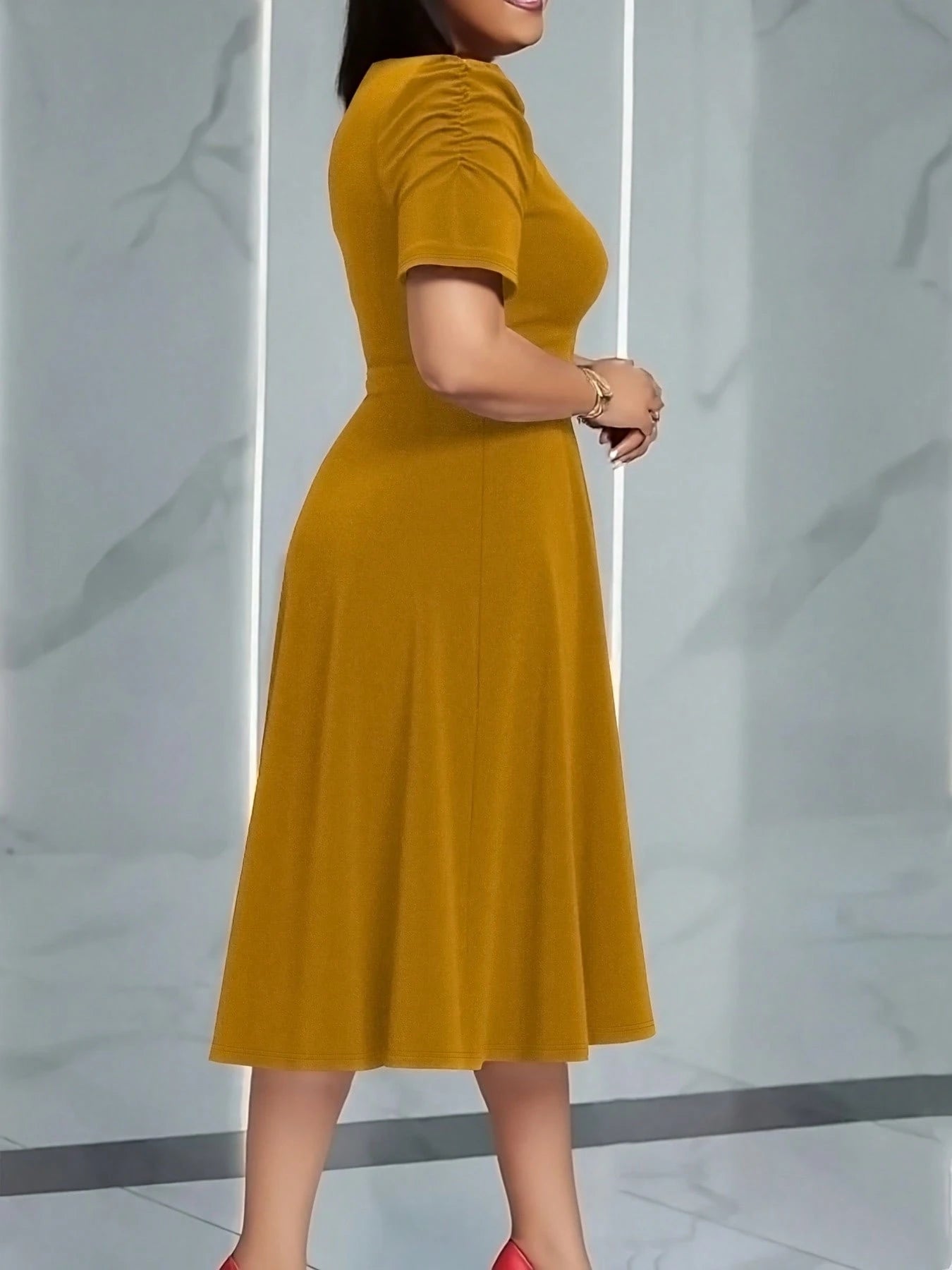 French Style Puff Sleeve Belted Midi Dress For Women - Elegant Crew