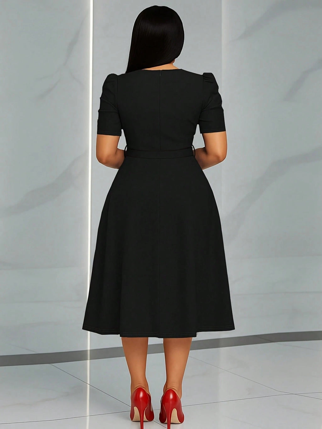 French Style Puff Sleeve Belted Midi Dress For Women - Elegant Crew