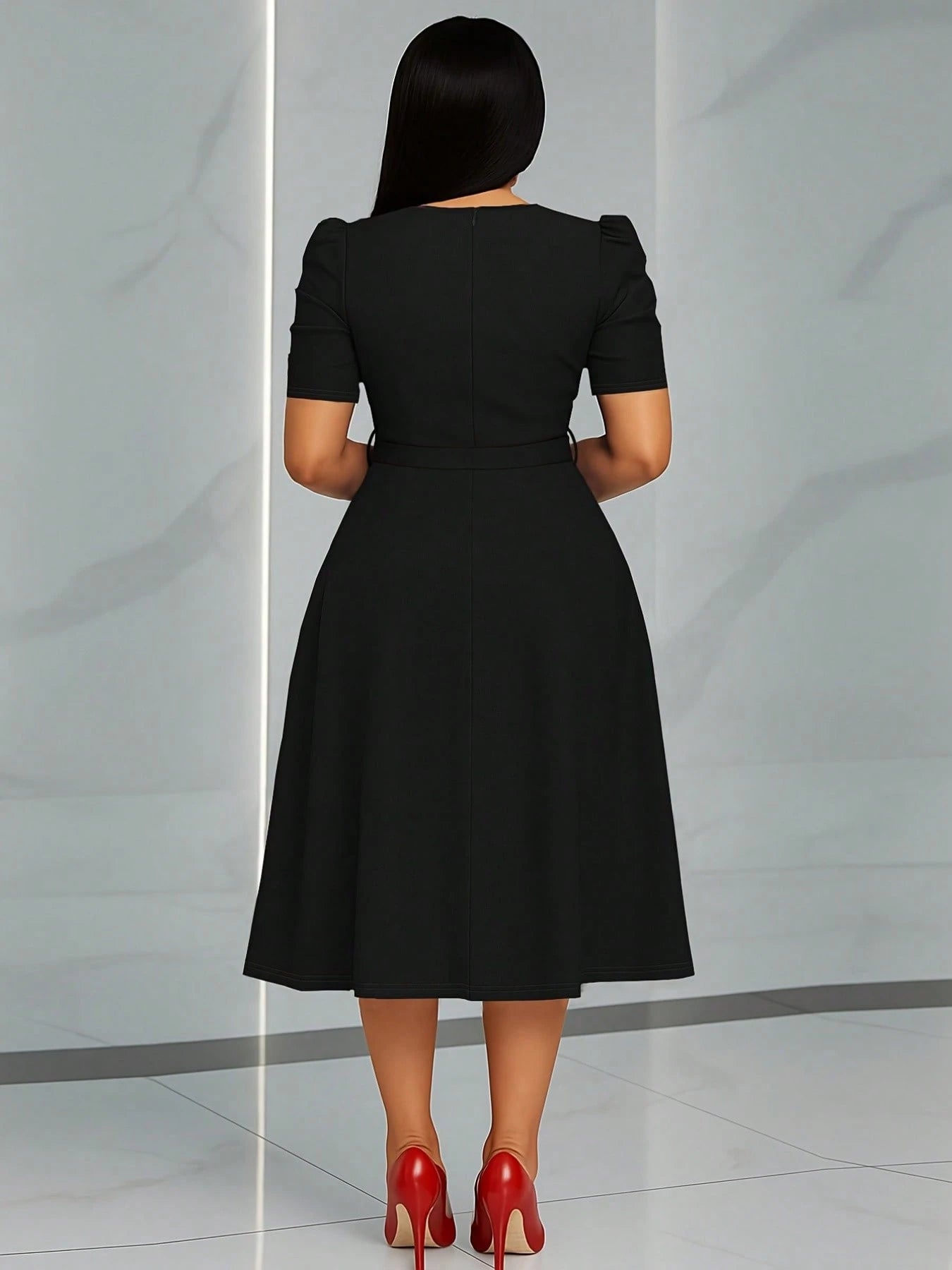 French Style Puff Sleeve Belted Midi Dress For Women - Elegant Crew
