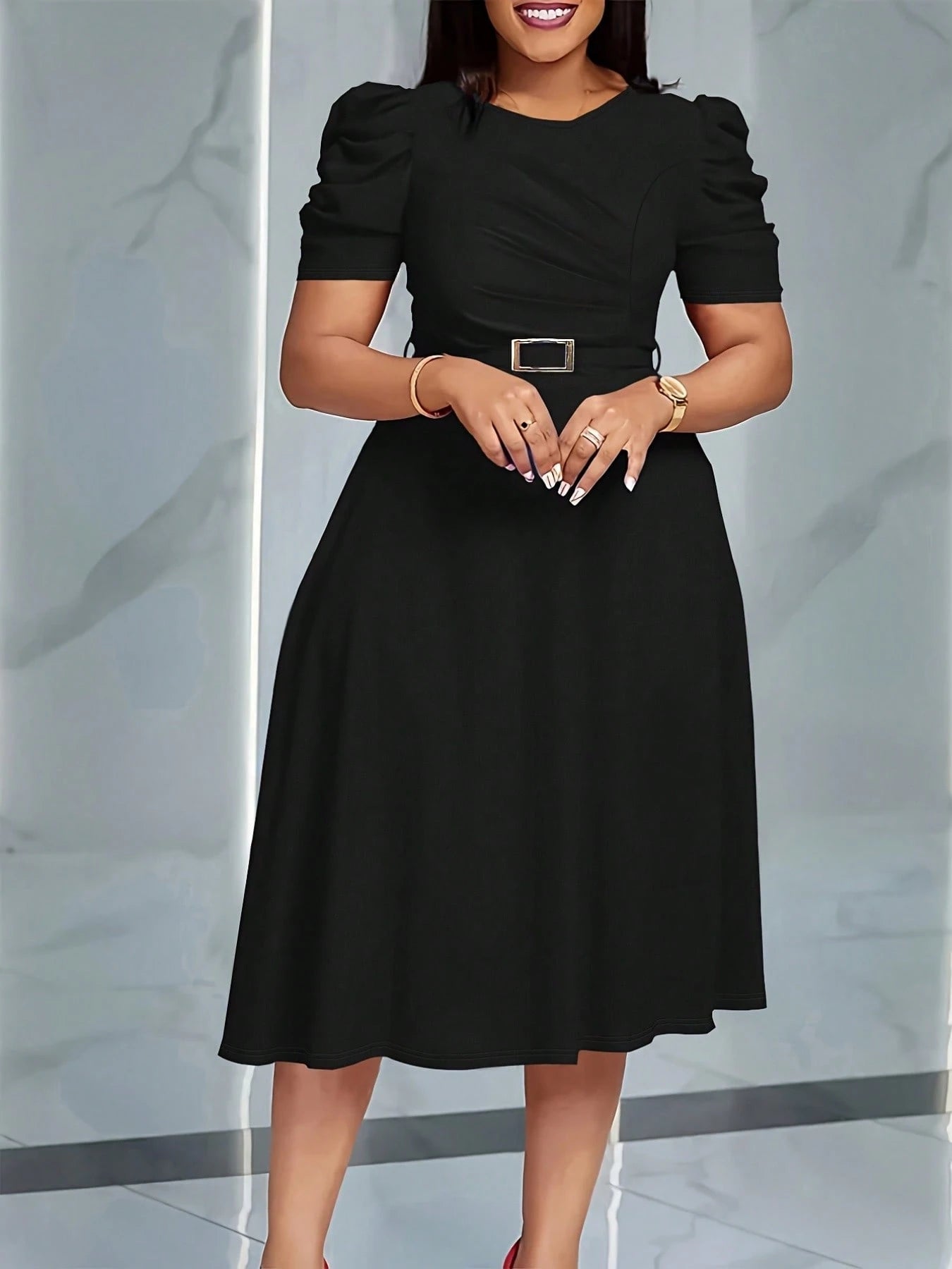 French Style Puff Sleeve Belted Midi Dress For Women - Elegant Crew