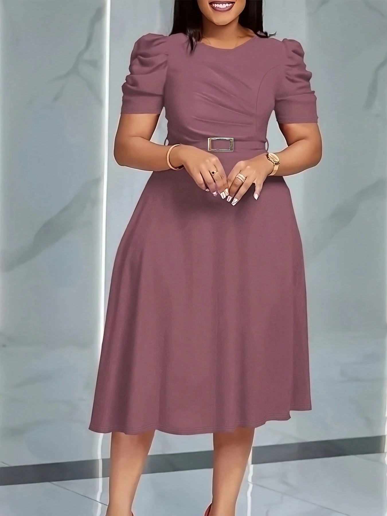 French Style Puff Sleeve Belted Midi Dress For Women - Elegant Crew