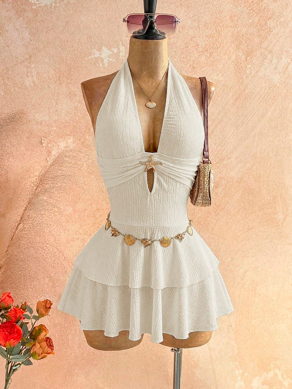Soleia Women's Sexy Backless Metal Starfish Decor Mini Dress, Solid