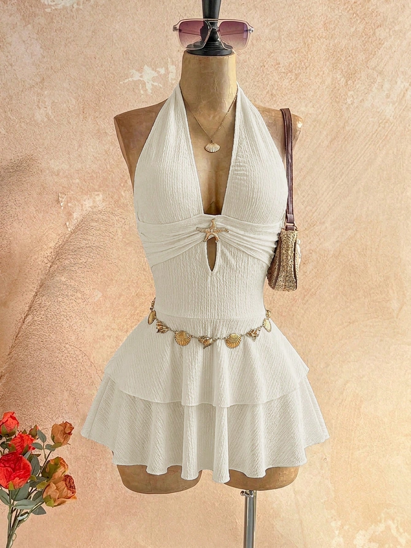 Soleia Women's Sexy Backless Metal Starfish Decor Mini Dress, Solid Color Beach Vacation Style,Summer Dresses