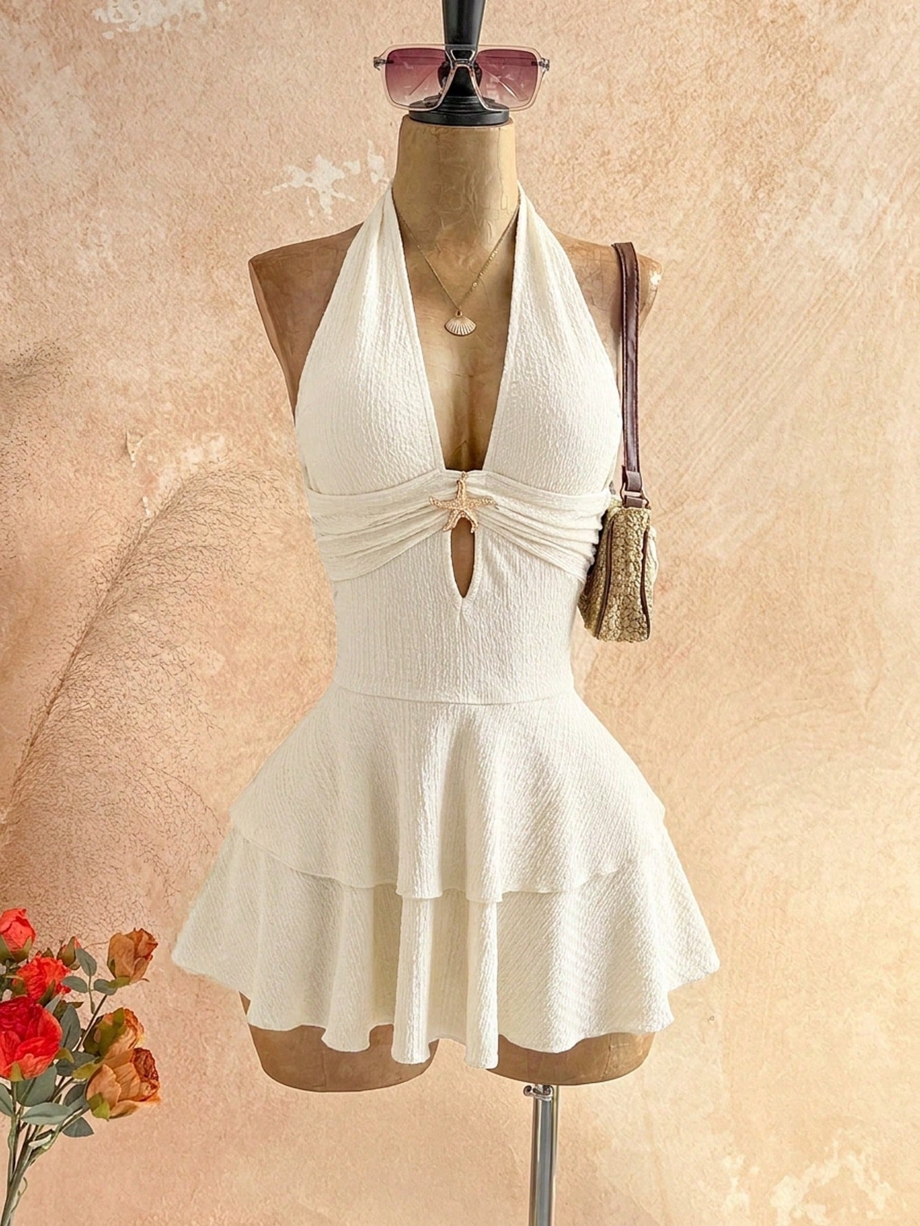 Soleia Women's Sexy Backless Metal Starfish Decor Mini Dress, Solid
