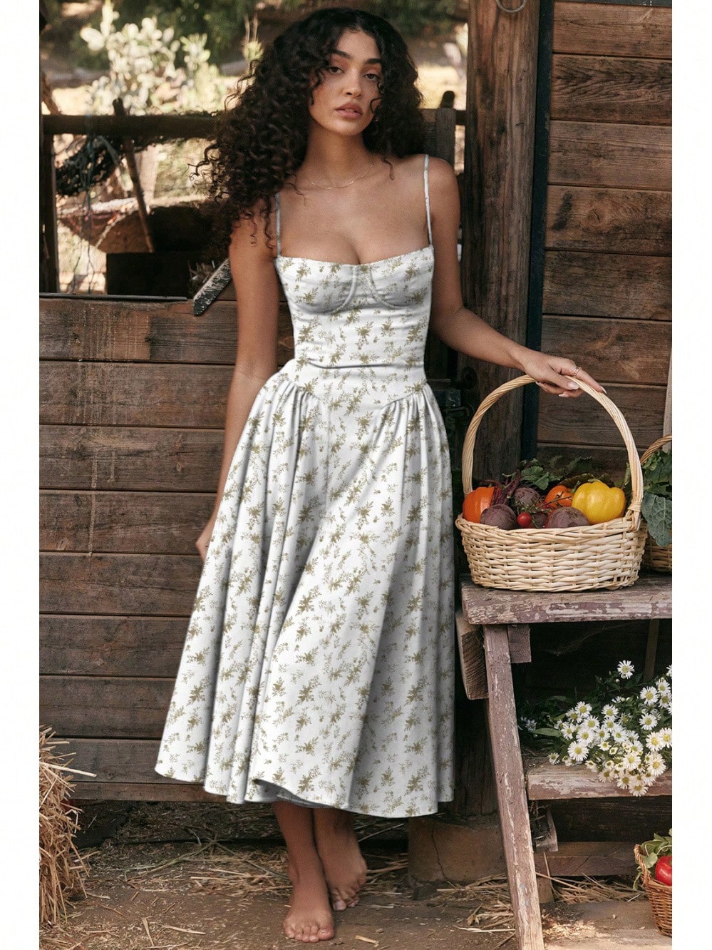 Women's Beige Corset Midi Dress, Spaghetti Strap Sweetheart Neck