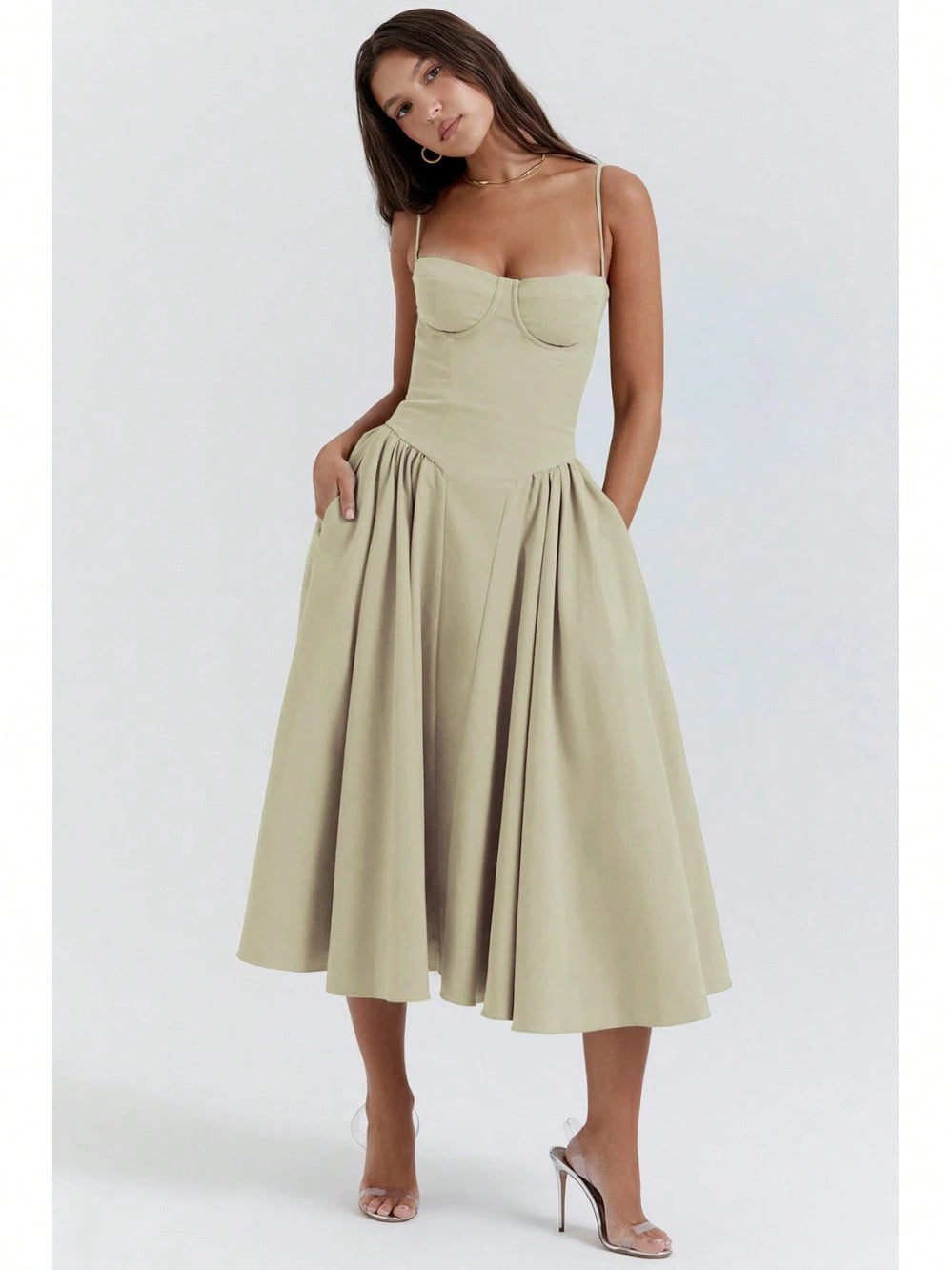 Women's Beige Corset Midi Dress, Spaghetti Strap Sweetheart Neck