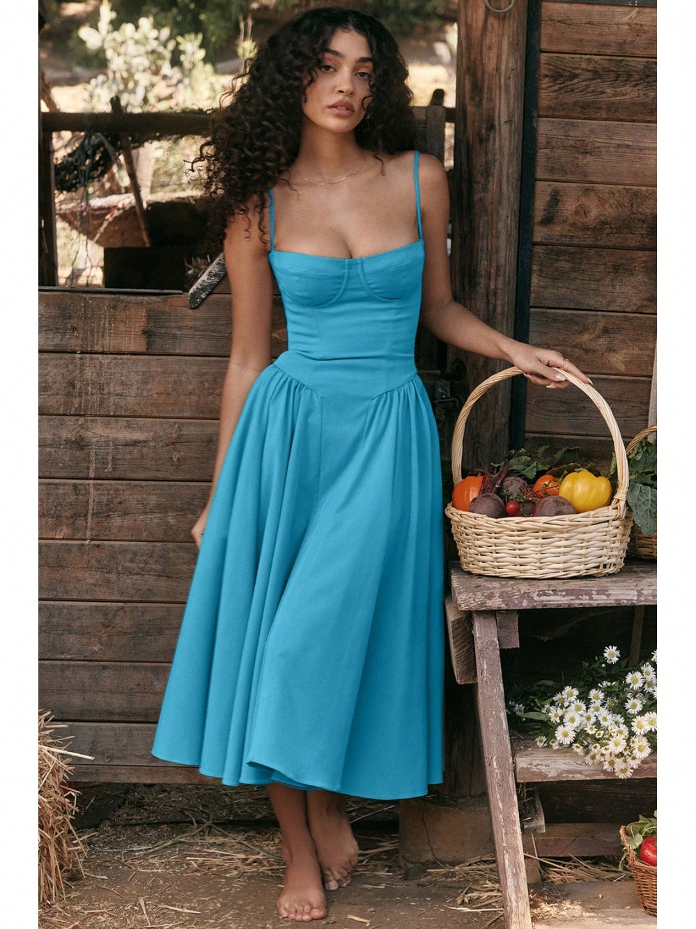 Women's Beige Corset Midi Dress, Spaghetti Strap Sweetheart Neck