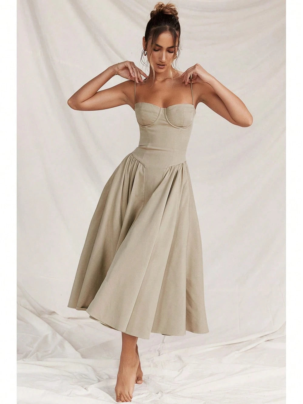 Women's Beige Corset Midi Dress, Spaghetti Strap Sweetheart Neck A-Line Flared Dress, Elegant Party & - image 10