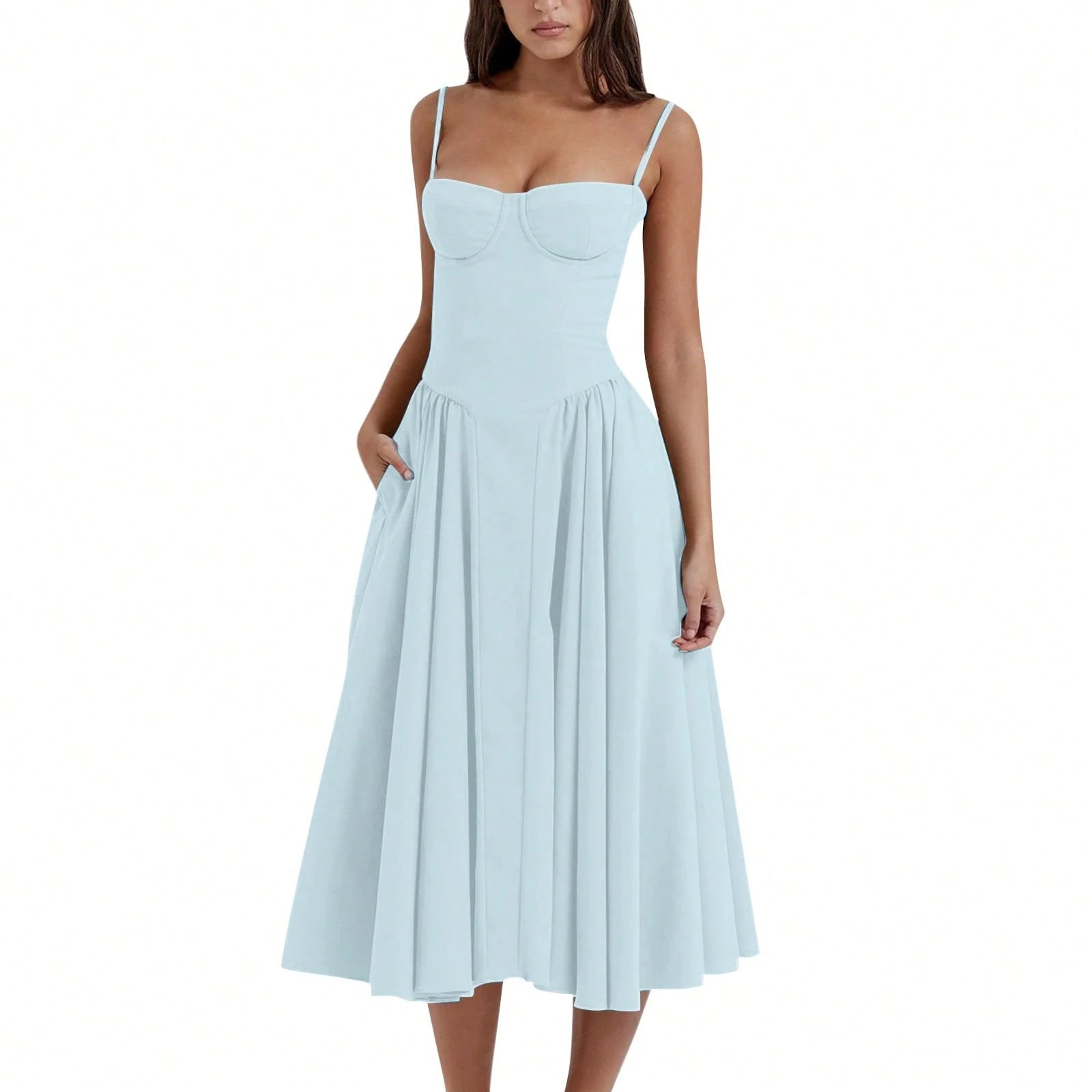 Women's Beige Corset Midi Dress, Spaghetti Strap Sweetheart Neck