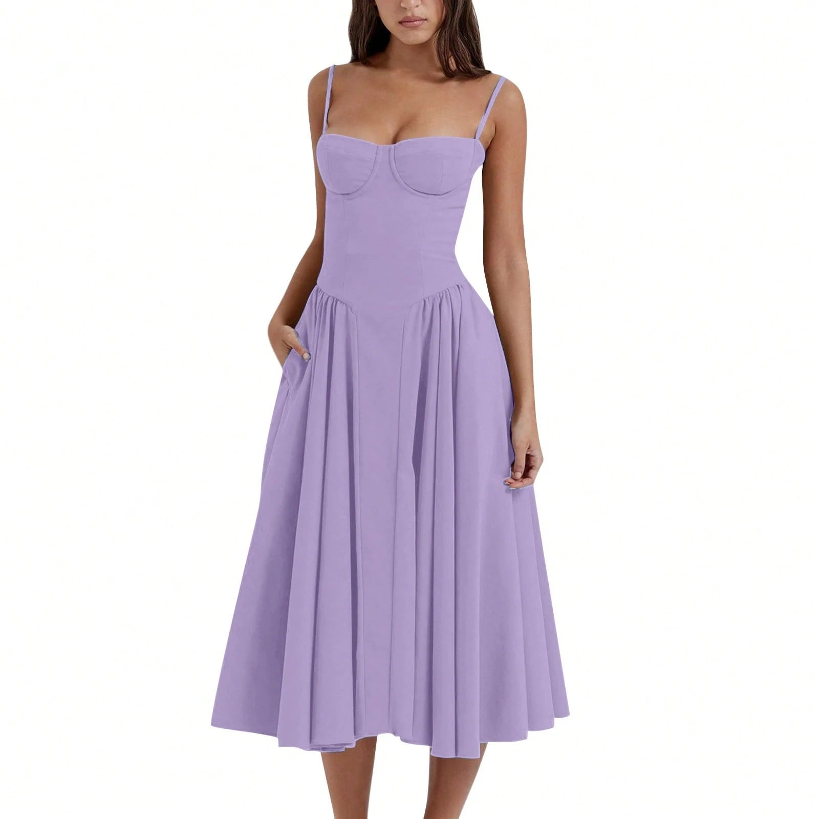 Women's Beige Corset Midi Dress, Spaghetti Strap Sweetheart Neck
