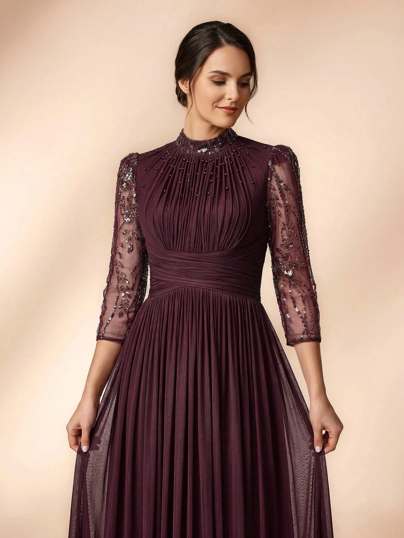 Serin Purple Winter Elegant Formal Evening Gown,Luxurious Beaded Sequin Embroidered Mesh Elastic Knit Bubble - image 8