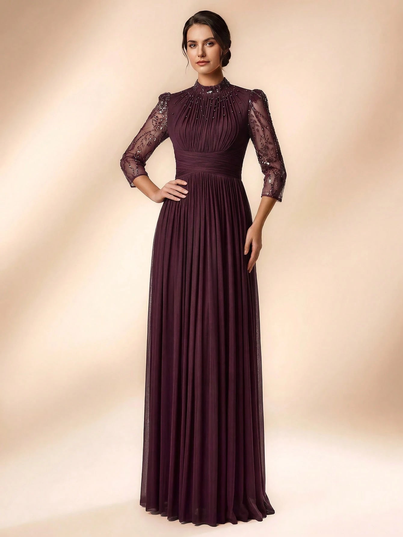 Serin Purple Winter Elegant Formal Evening Gown,Luxurious Beaded Sequin Embroidered Mesh Elastic Knit Bubble - image 12