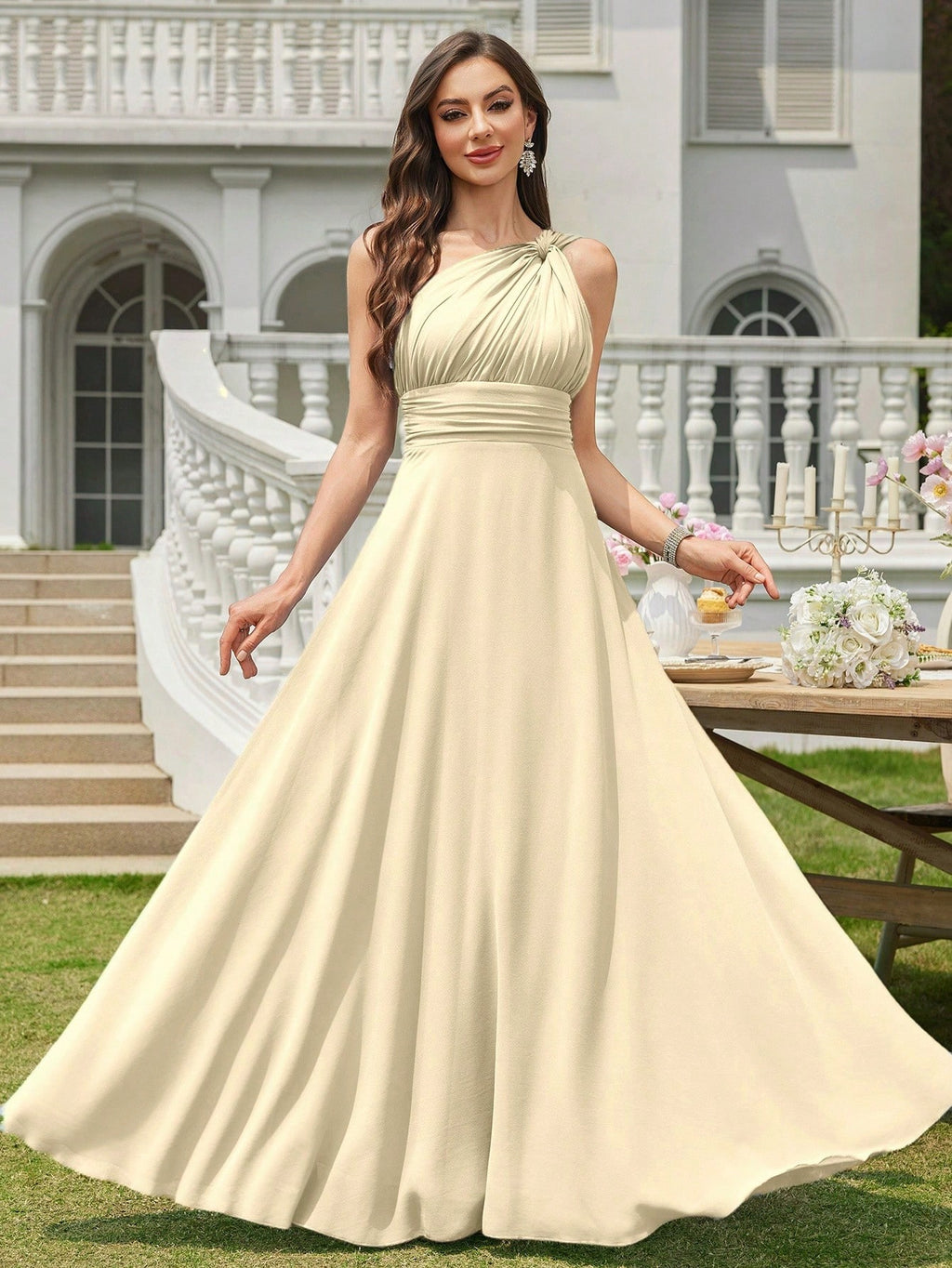 Volly Toych Light Pink Pleated A-Line Chiffon Dress, Elegant Flared Formal Bridesmaid Gown, Suitable For - image 20