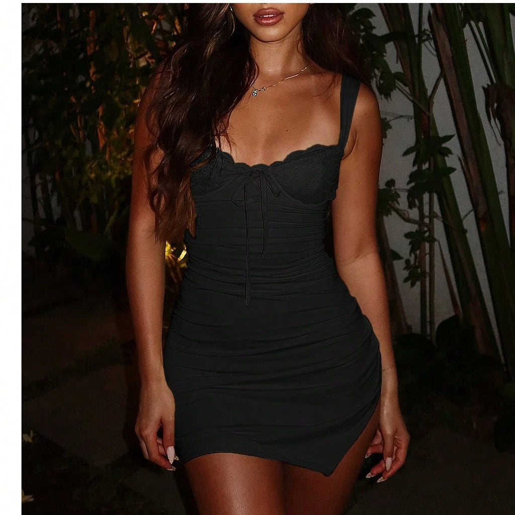 Women's Summer Lace Patchwork Spaghetti Strap Romantic Elegant Vacation Party Slit Pleated Sexy Fitted - image 5