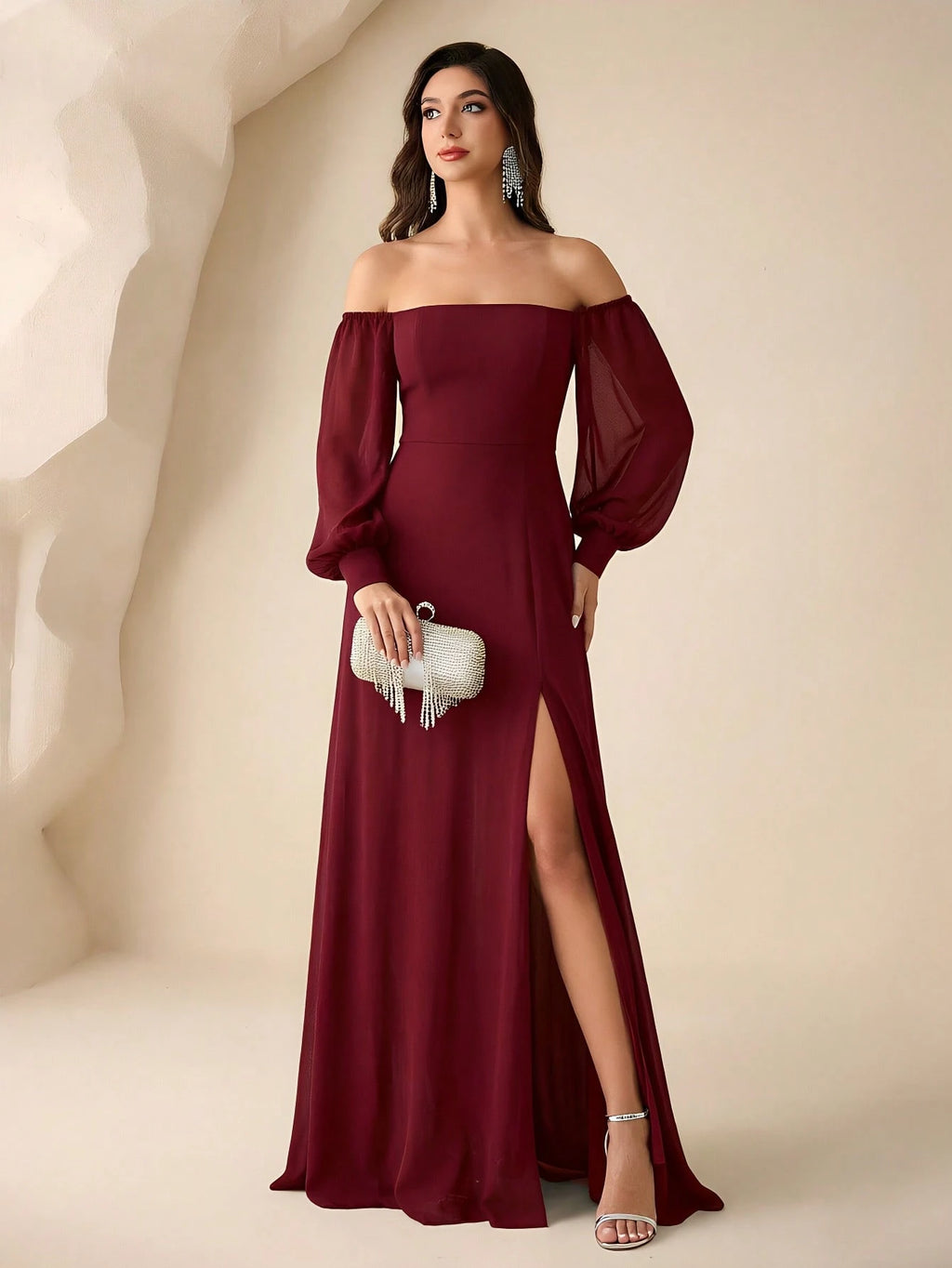 Women's Elegant Off-Shoulder High Slit A-Line Chiffon Bridesmaid Dress, Burgundy Party Gown, Graduation Prom - image 2