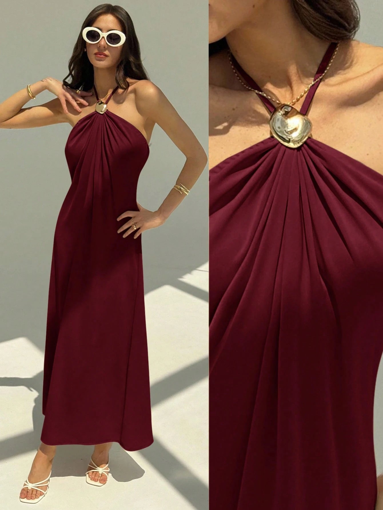 Aloruh New Champagne Backless Pleated Minimalist Long Dress, Metal Ball Decor, Oversized Flattering - image 18