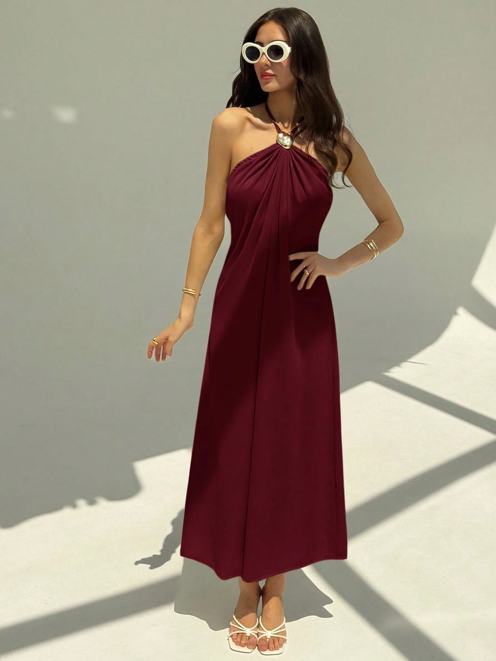 Aloruh New Champagne Backless Pleated Minimalist Long Dress, Metal Ball Decor, Oversized Flattering - image 19