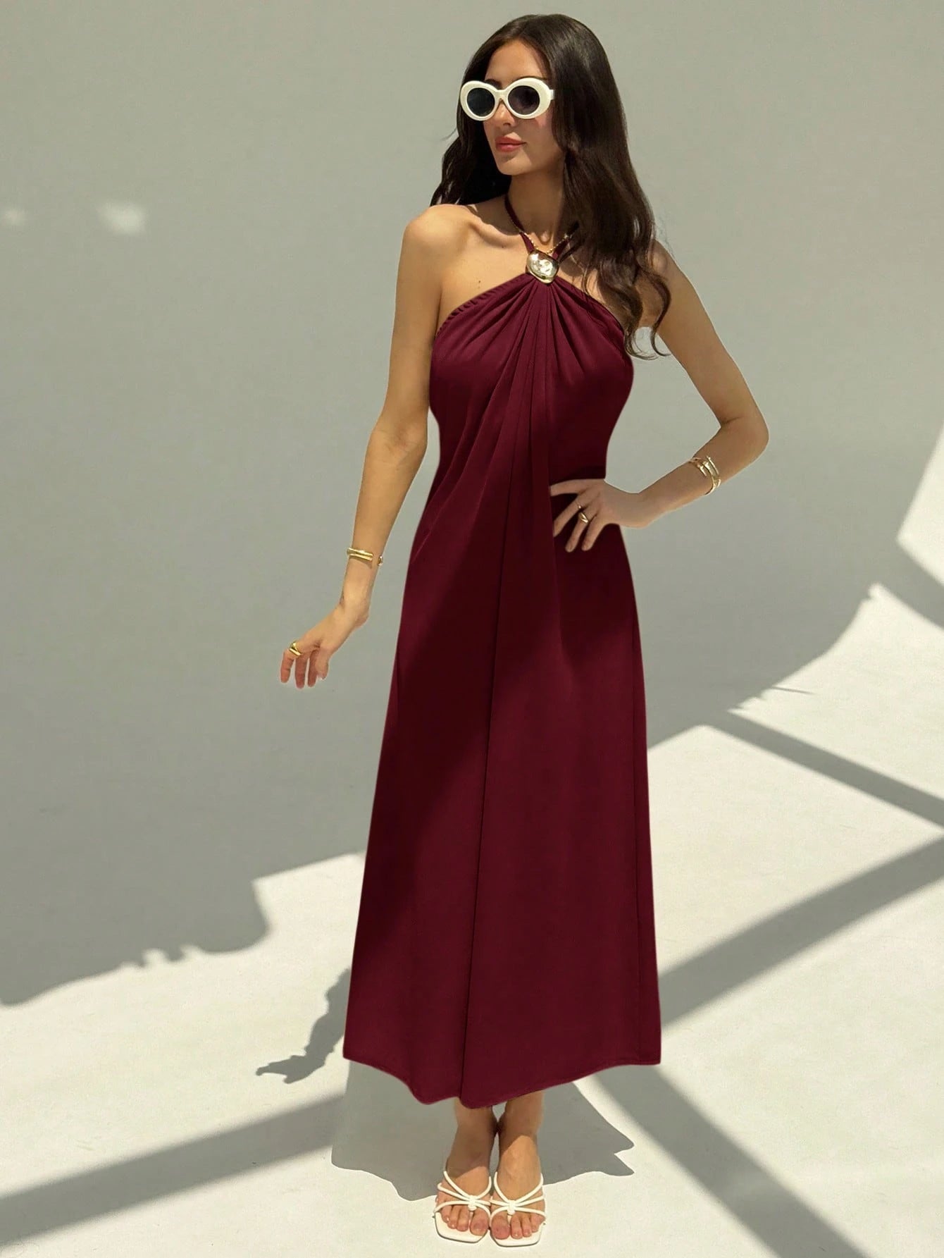 Aloruh New Champagne Backless Pleated Minimalist Long Dress, Metal Ball Decor, Oversized Flattering - image 19