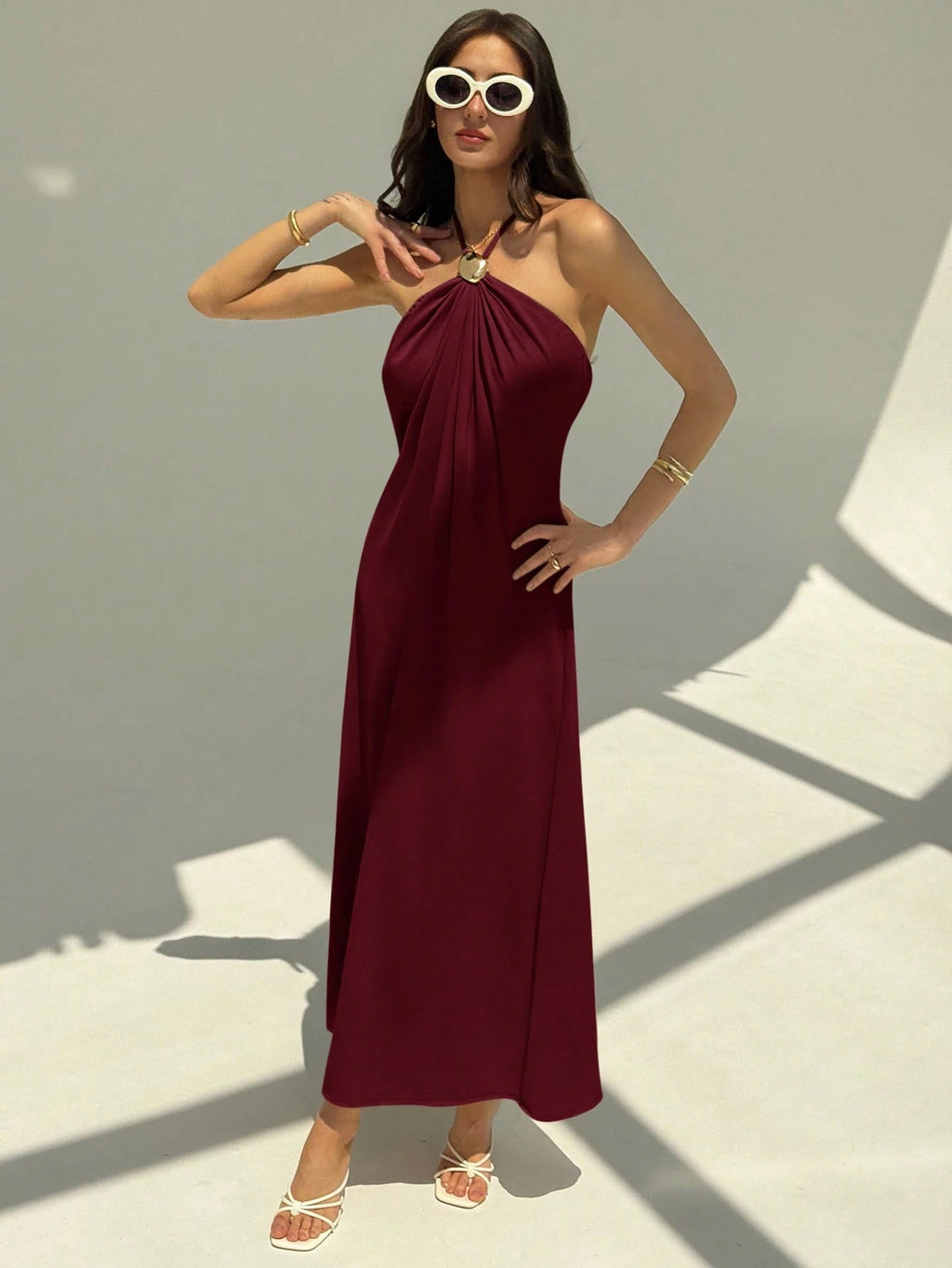 Aloruh New Champagne Backless Pleated Minimalist Long Dress, Metal Ball Decor, Oversized Flattering - image 20