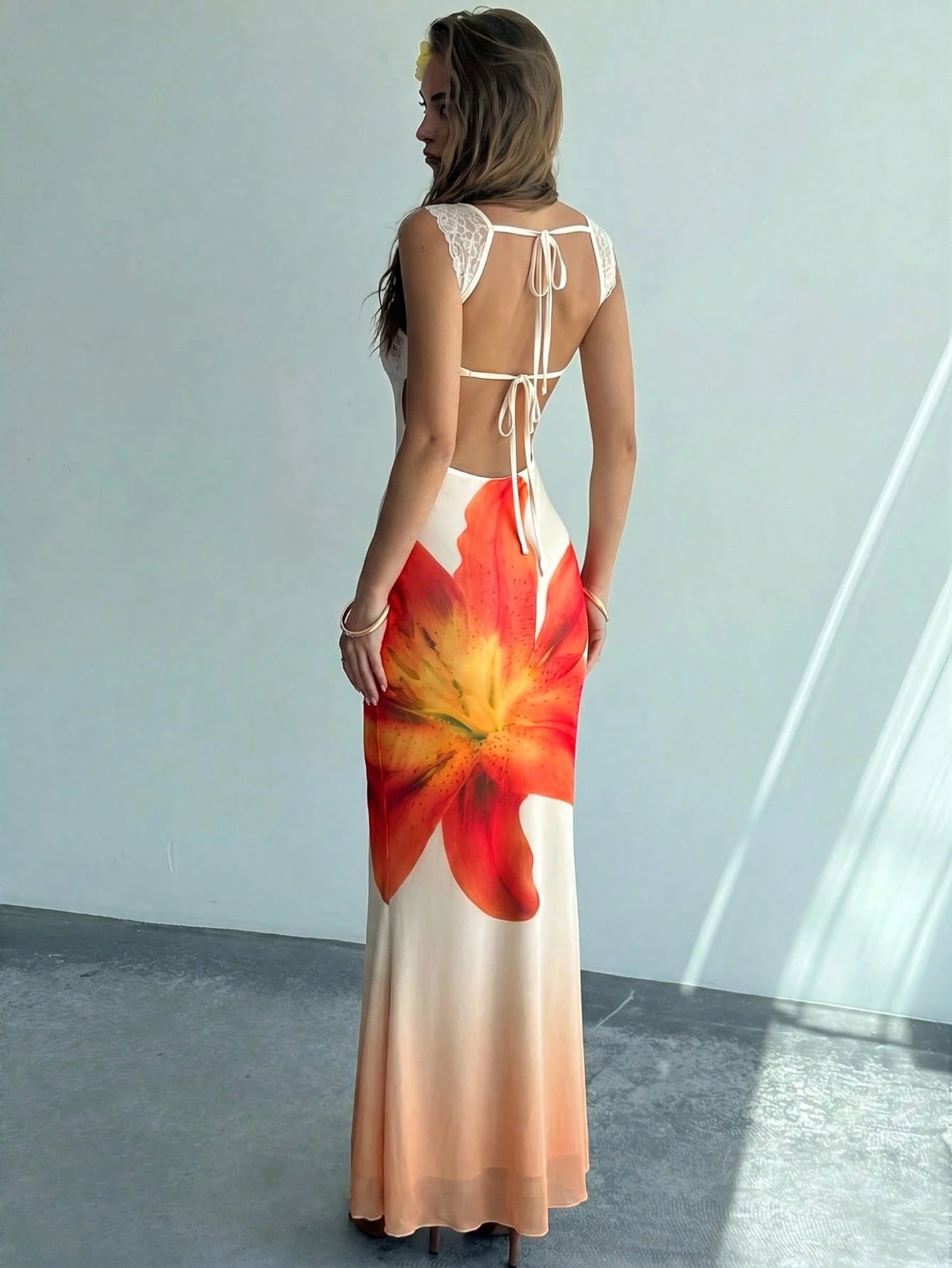 Aloruh Cream Yellow Gradient Floral Mesh Bodycon Backless Summer Dress,Flowy Tropical Holiday Vacation,Lace - image 19