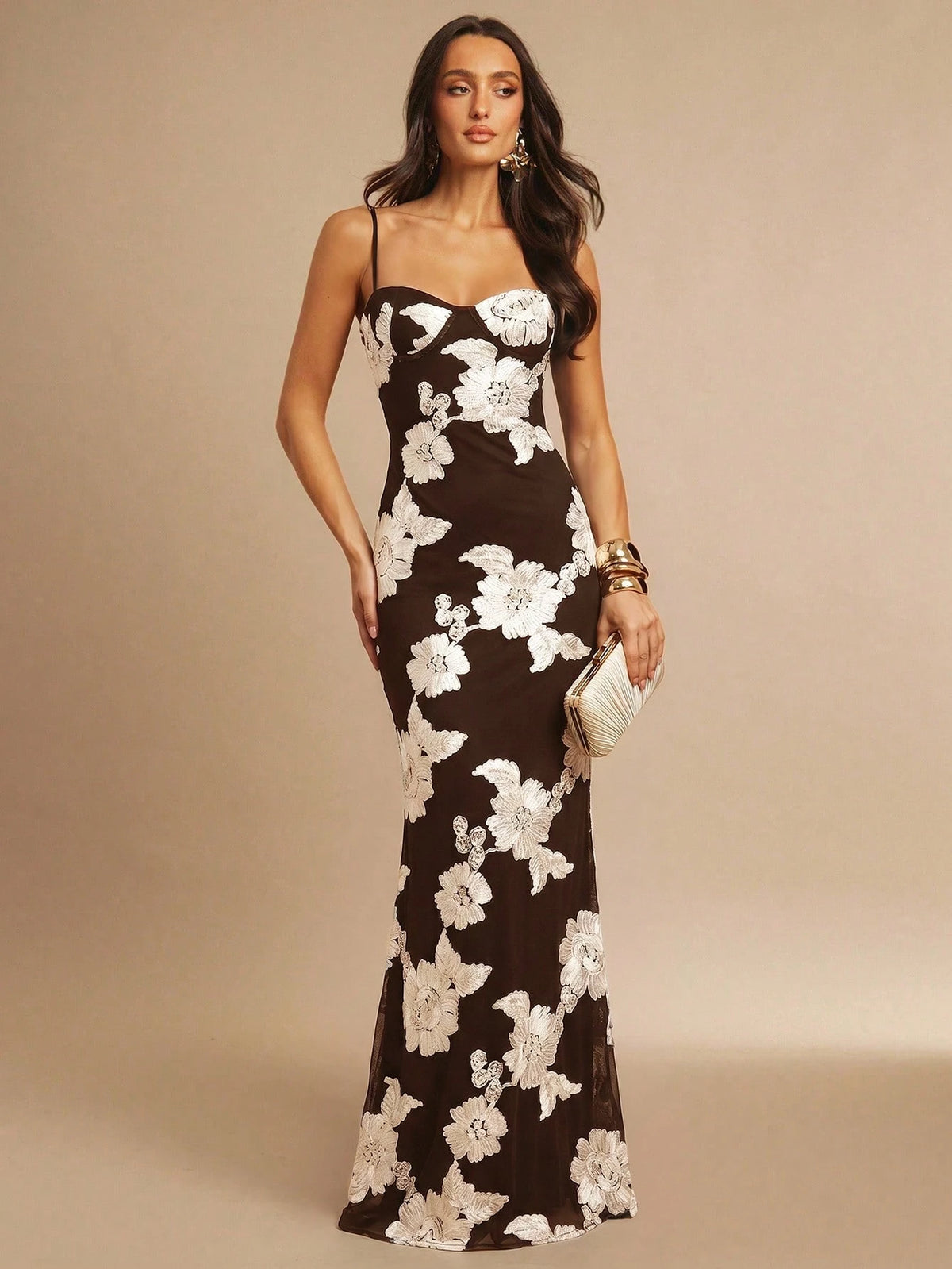 Silquee Women's Elegant Dark Brown 3D Floral Maxi Dress
