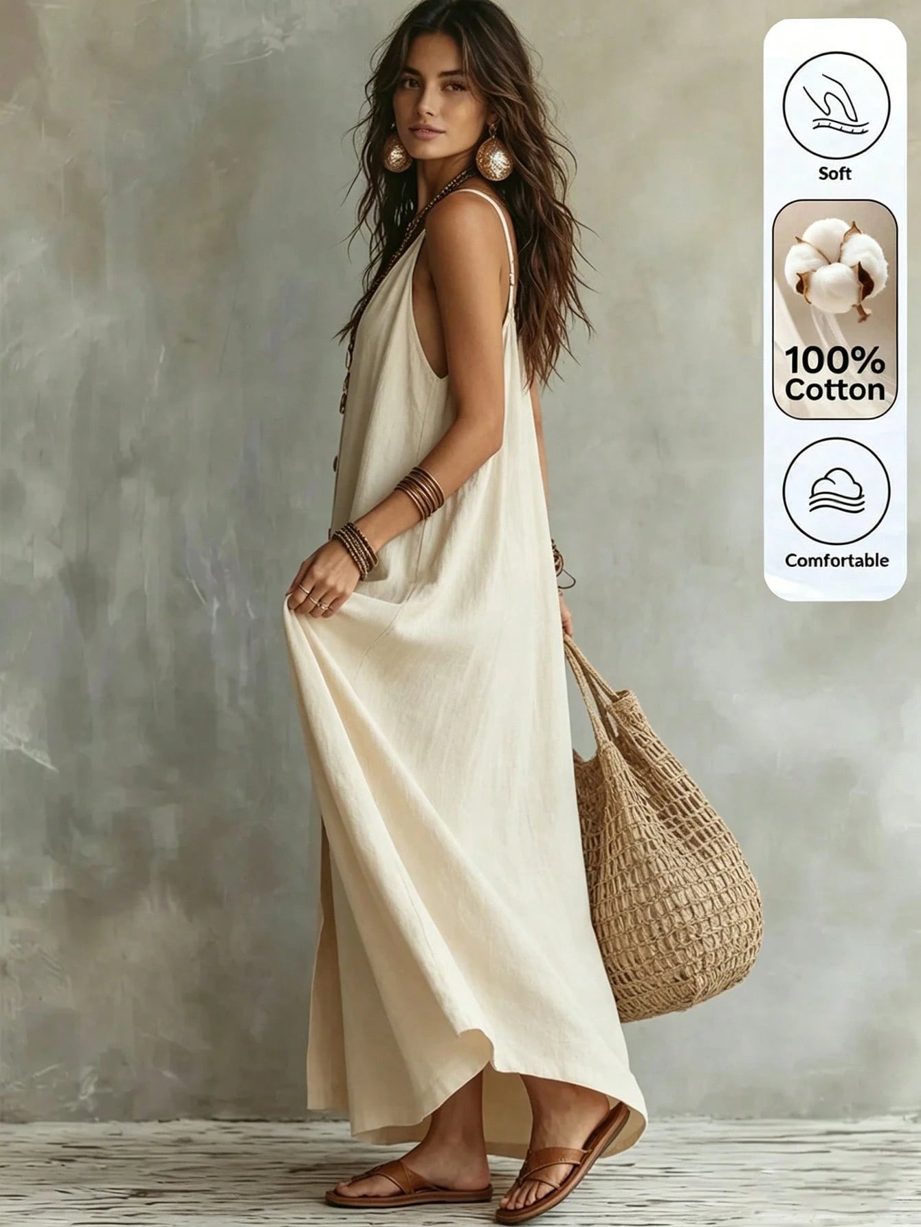 Omancia Women's Casual Boho Solid Color Dress For Summer Holiday