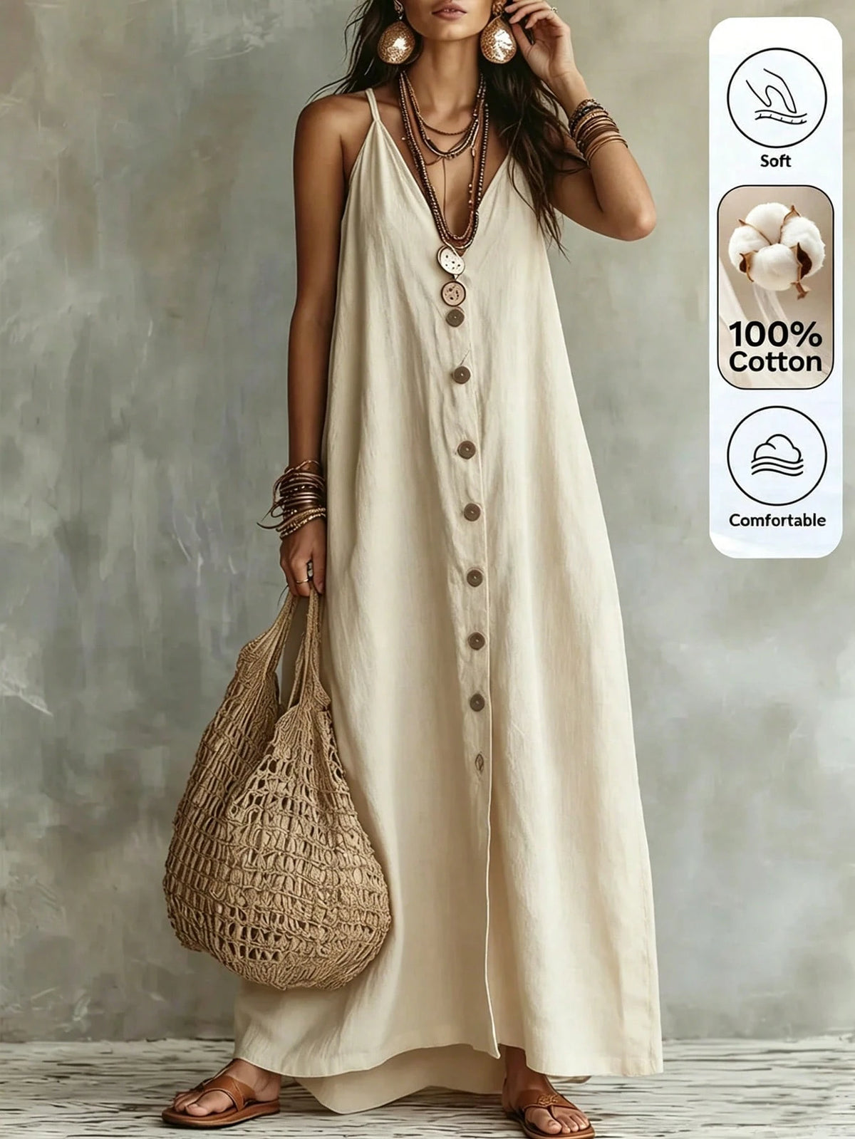 Omancia Women's Casual Boho Solid Color Dress For Summer Holiday Beach Beach Vacation Vacation Beige - image 6