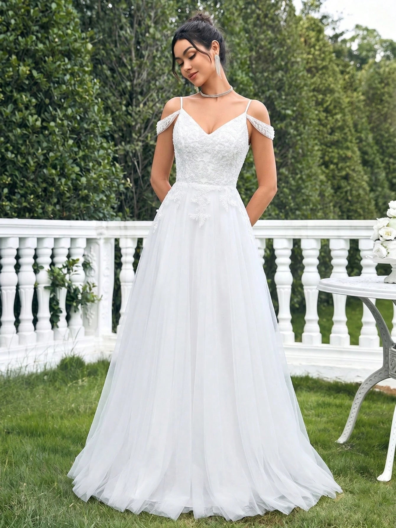 A-Line Lace Beaded Tulle Wedding Dress, Spaghetti Strap Formal Evening Gown White Spring - image 2