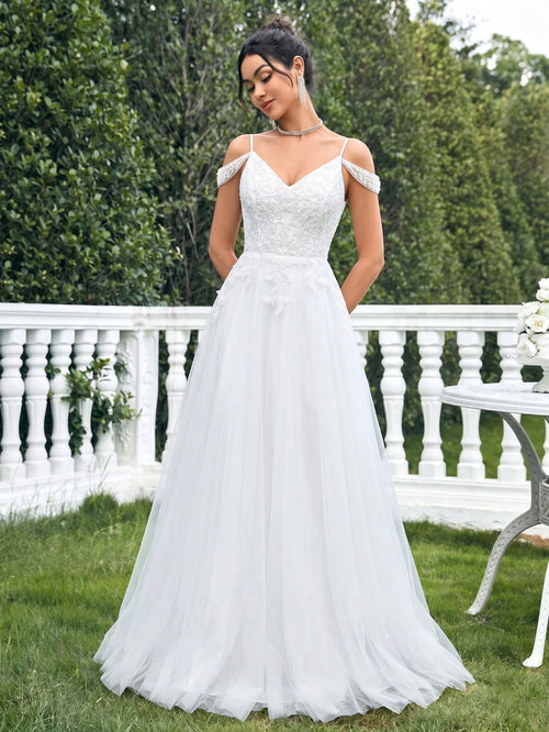 A-Line Lace Beaded Tulle Wedding Dress, Spaghetti Strap Formal Evening Gown White Spring - image 2