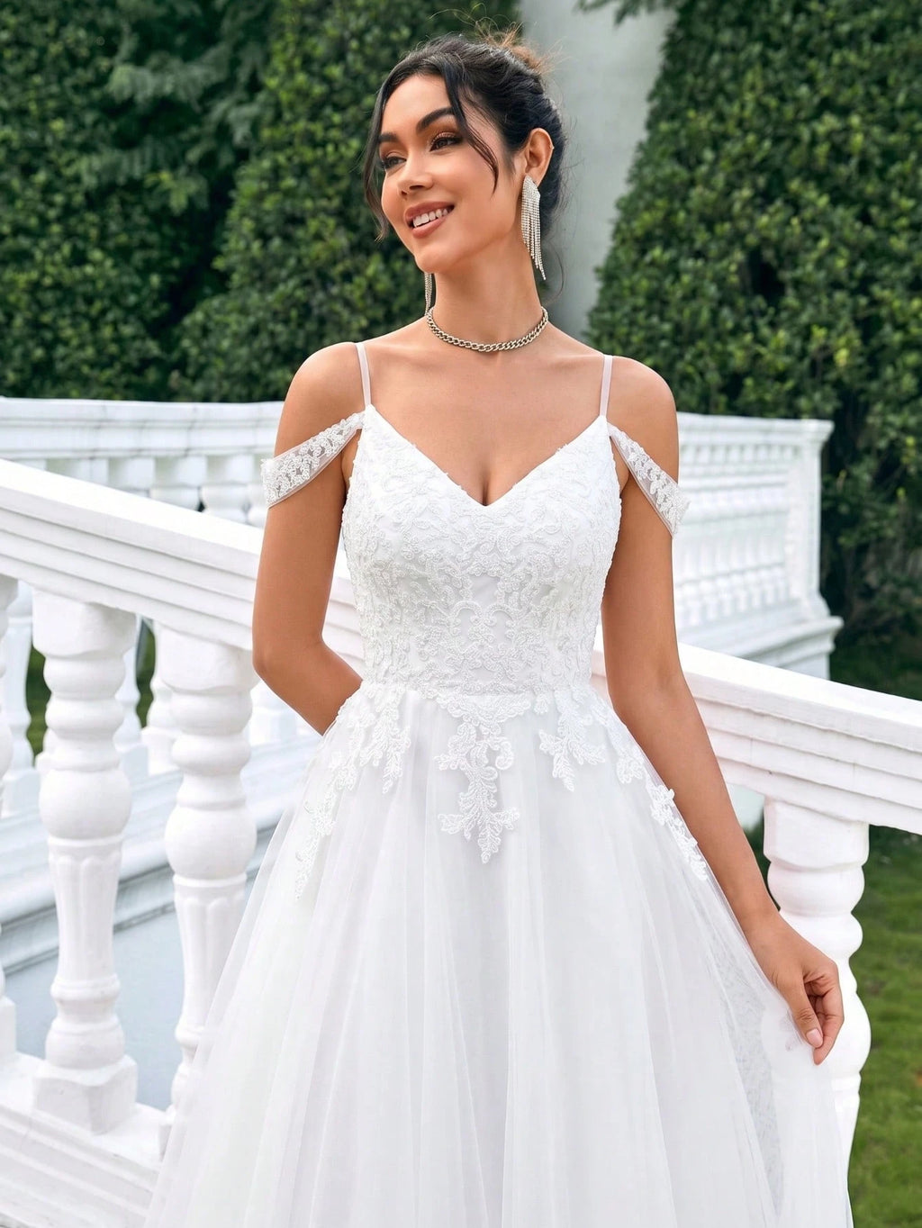 A-Line Lace Beaded Tulle Wedding Dress, Spaghetti Strap Formal Evening Gown White Spring - image 3