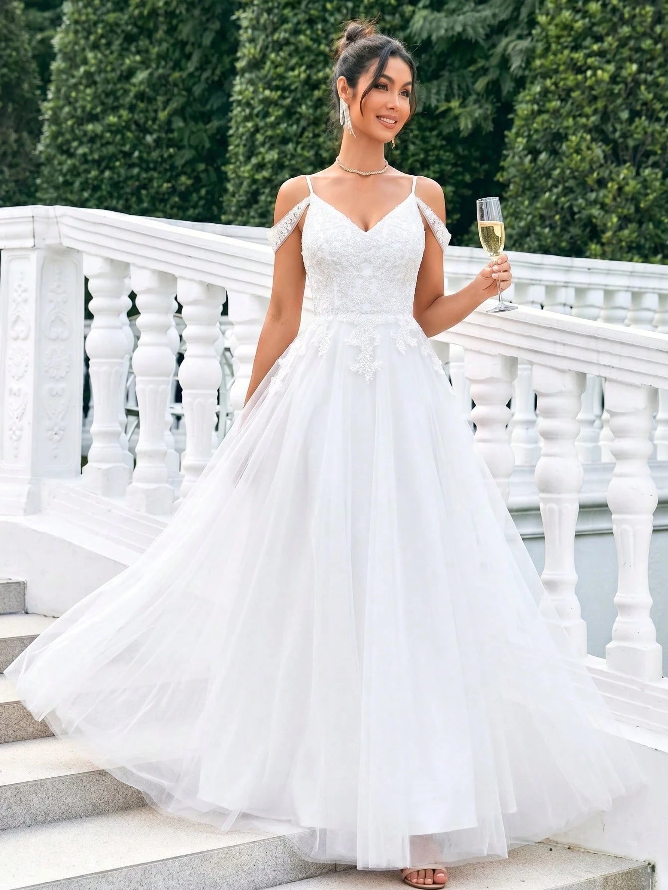 A-Line Lace Beaded Tulle Wedding Dress, Spaghetti Strap Formal Evening Gown White Spring - image 4